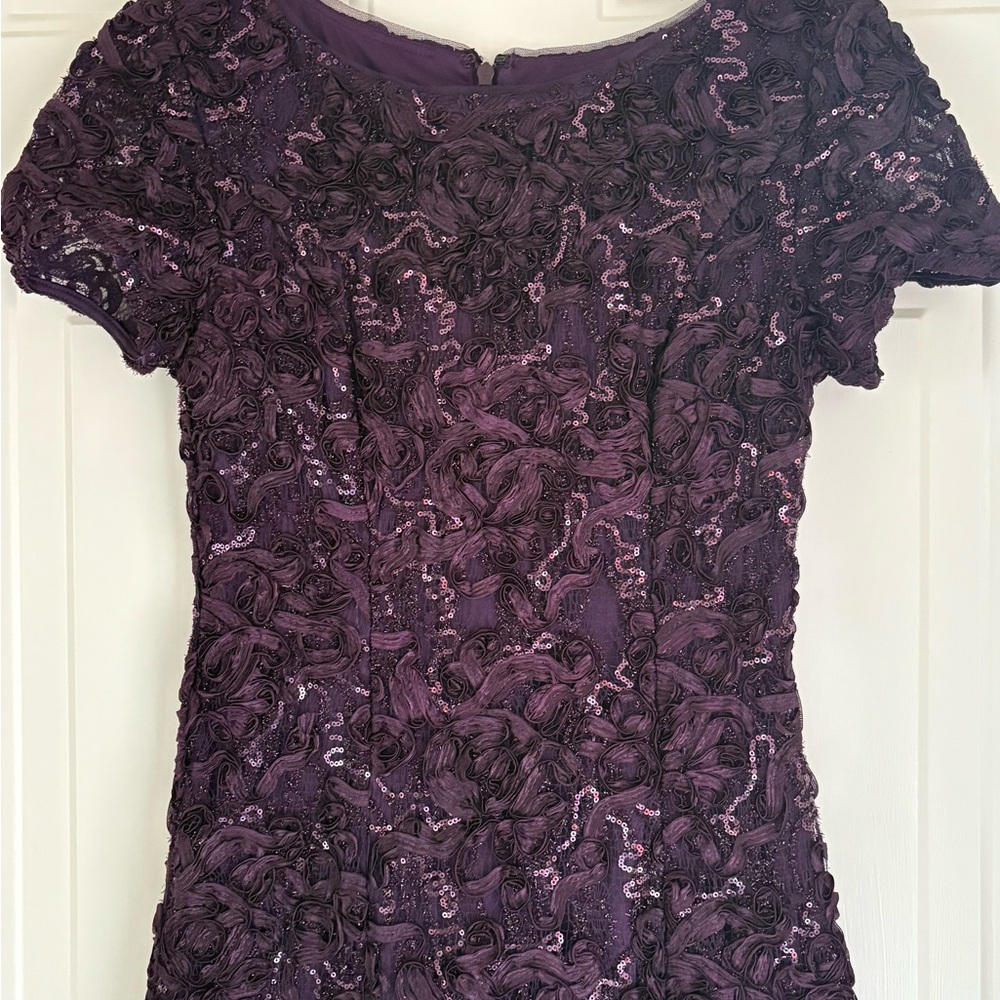 Alex Evenings Plum colored Shimmering & Floral Lace Dress